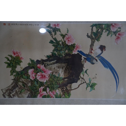 448 - Two scenic Chinese pictures, one in silk, exotic birds in blossom trees & a river landscape