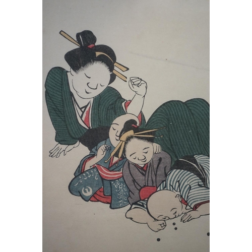 453 - Saito Shuho (1768-1859) a Japanese woodblock portrait of a mother with children, playing traditional... 