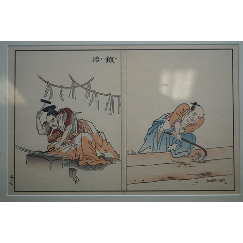 454 - Signed Japanese diptych woodblock of woodworking and metalworking artisans