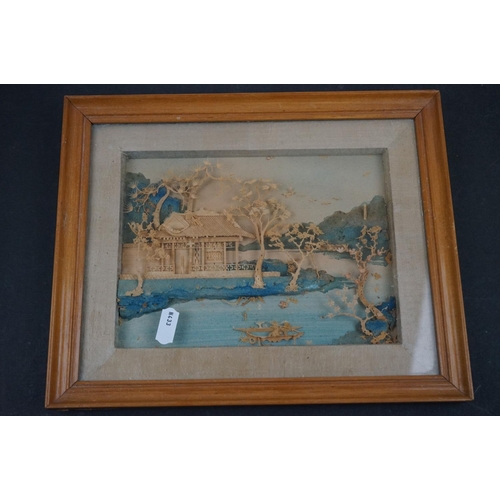 474 - Two Japanese framed cork pictures together with a Terracotta Yixing teapot.