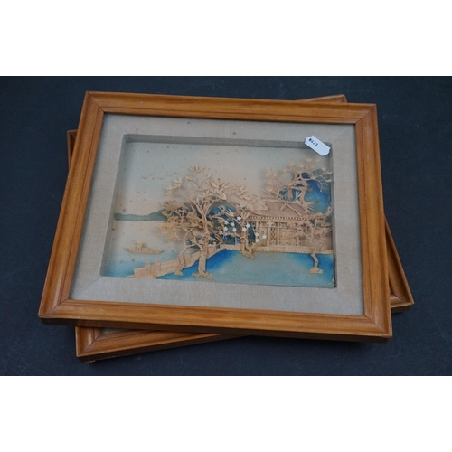 474 - Two Japanese framed cork pictures together with a Terracotta Yixing teapot.