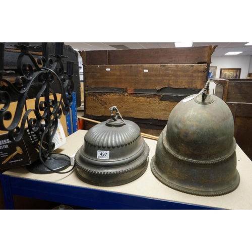 497 - Three antique silver plated Cloche's together with a wrought iron table lamp.