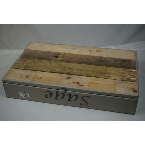 517 - Rustic Wooden Painted  Box / Tray  marked Mint and Herbs on two sides