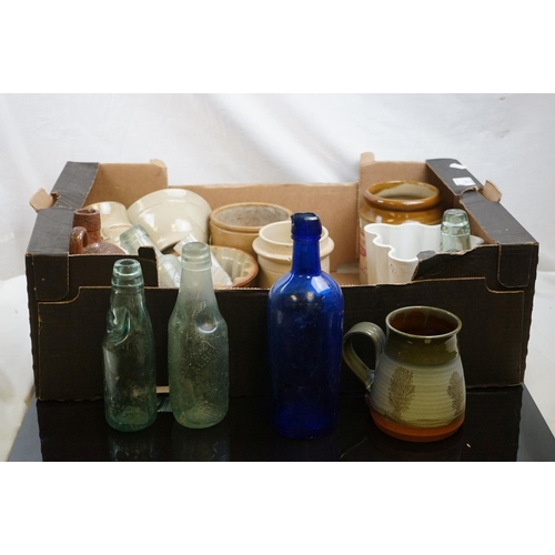 530 - A collection of glass and ceramics to include stoneware jars and jelly mounds together with vintage ... 