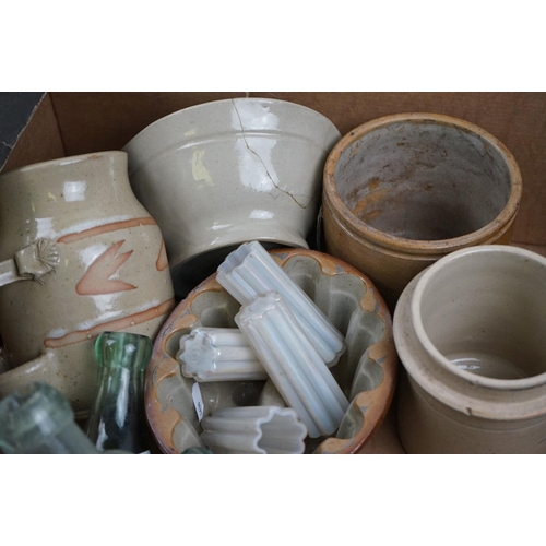 530 - A collection of glass and ceramics to include stoneware jars and jelly mounds together with vintage ... 