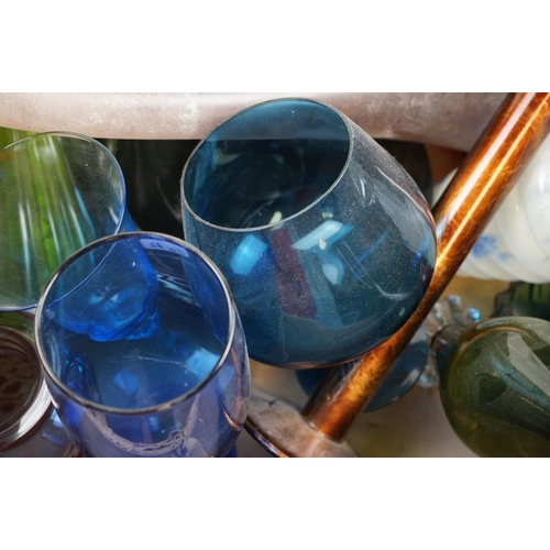 554 - A group of coloured glass to include vases,candlestick glasses etc.