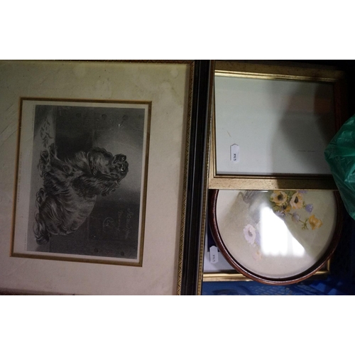 566 - A group of mixed collectables to include framed paintings and an oil lamp.