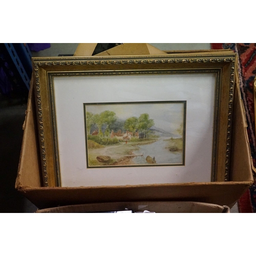 566 - A group of mixed collectables to include framed paintings and an oil lamp.