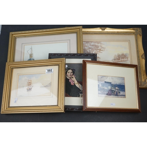 592 - Three framed paintings two seascapes and a landscape together with two prints.