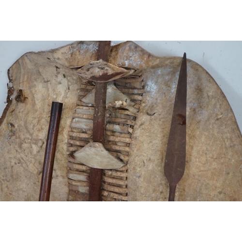 593 - An antique Zulu shield with integral knobkerry together with spear.