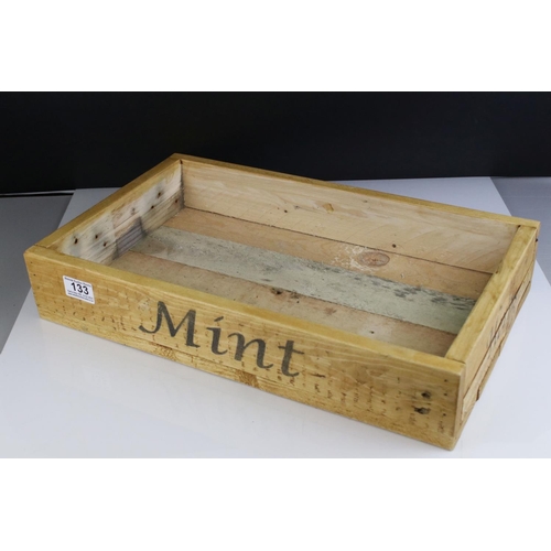 133 - Rustic Wooden Waxed Box / Tray  marked Mint and Herbs on two sides