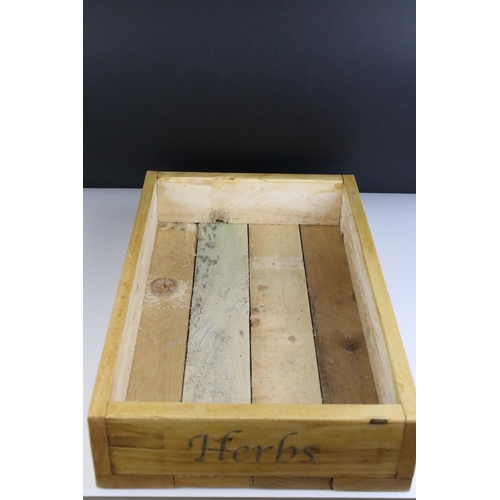 133 - Rustic Wooden Waxed Box / Tray  marked Mint and Herbs on two sides