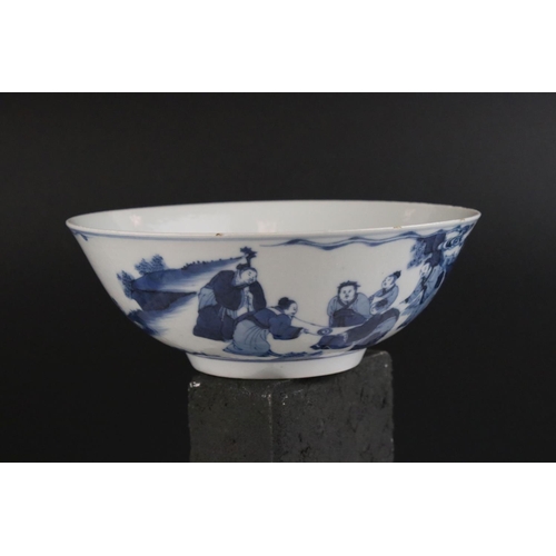 135 - Chinese Porcelain Blue and Bowl decorated with scenes of figures and landscape, six character marks ... 