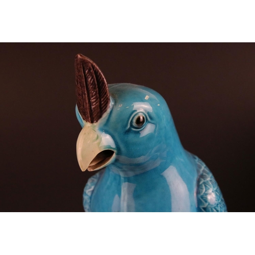 139 - Two Turquoise / Blue Glazed Chinese style Parrots, impressed numbers to base, 35cms high together wi... 