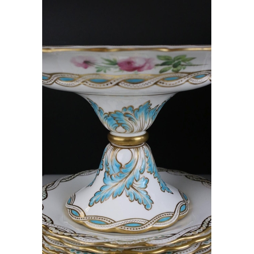 143 - Victorian Dessert Service comprising Six Footed Plates and Ten Plates, each plate with flower design