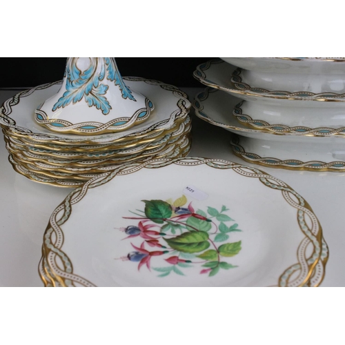 143 - Victorian Dessert Service comprising Six Footed Plates and Ten Plates, each plate with flower design