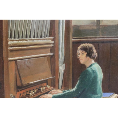 144 - Mid 20th century oil on canvas church interior woman playing organ, approx.  77 x 51