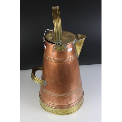 145 - Copper and Brass Lidded Milk / Water Carrier with swing handle, 50cms high