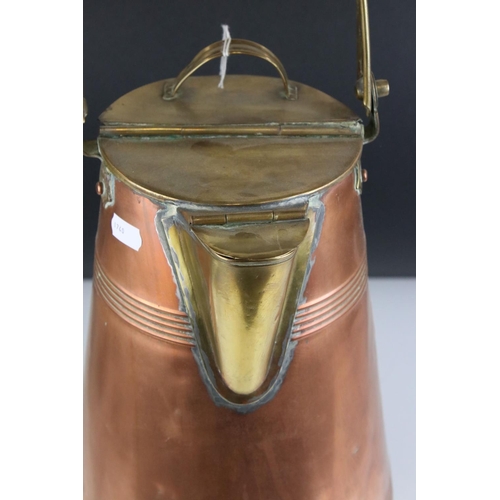 145 - Copper and Brass Lidded Milk / Water Carrier with swing handle, 50cms high