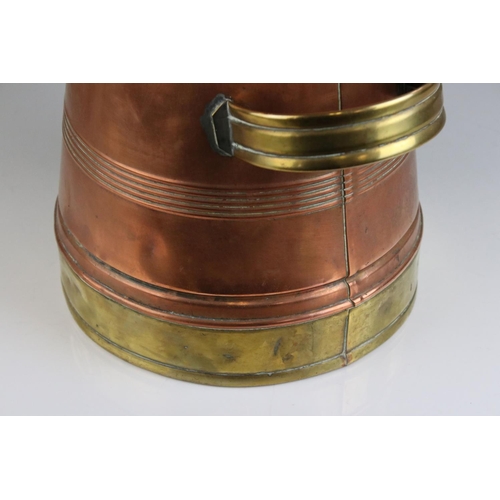 145 - Copper and Brass Lidded Milk / Water Carrier with swing handle, 50cms high