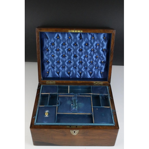 154 - 19th century Rosewood Work / Sewing Box with Blue Silk Fitted Interior, 30cms long