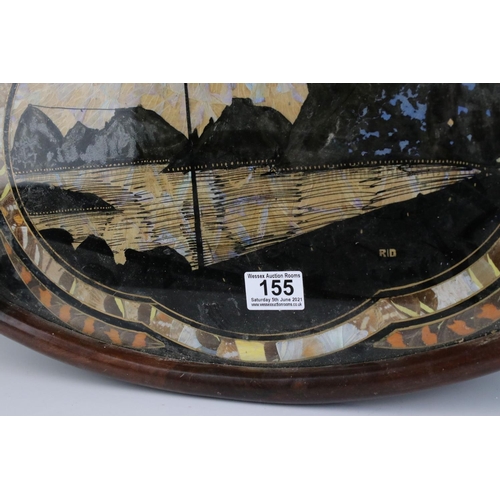 155 - Oval hardwood butterfly tray depicting a tropical beach