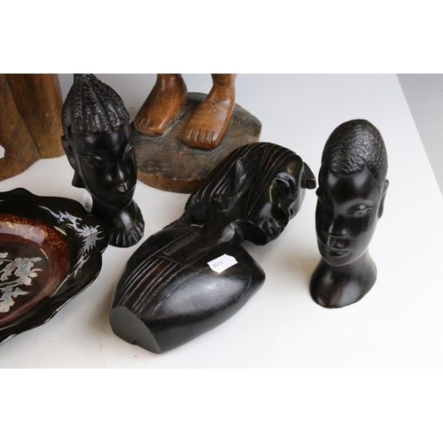 158 - Five African / Ethnic Carved Hardwood Figures, tallest 59cms together with a Mother of Pearl Inlaid ... 