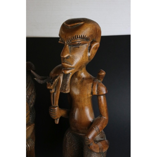 158 - Five African / Ethnic Carved Hardwood Figures, tallest 59cms together with a Mother of Pearl Inlaid ... 