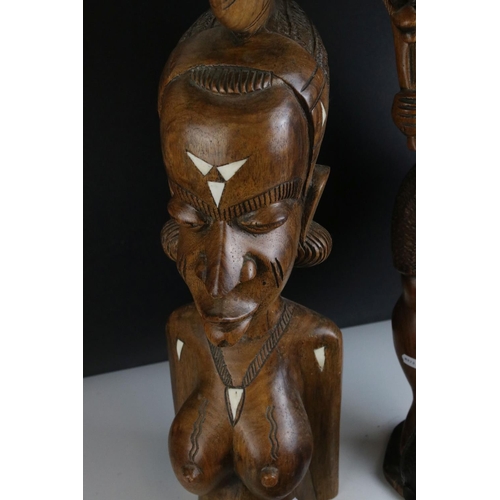 158 - Five African / Ethnic Carved Hardwood Figures, tallest 59cms together with a Mother of Pearl Inlaid ... 