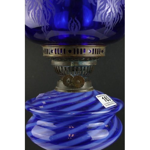 163 - Victorian Oil Lamp with Beehive Etched Blue Shade, Blue Swirled Glass Font and Ceramic and Brass Bas... 