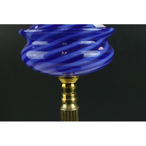 163 - Victorian Oil Lamp with Beehive Etched Blue Shade, Blue Swirled Glass Font and Ceramic and Brass Bas... 