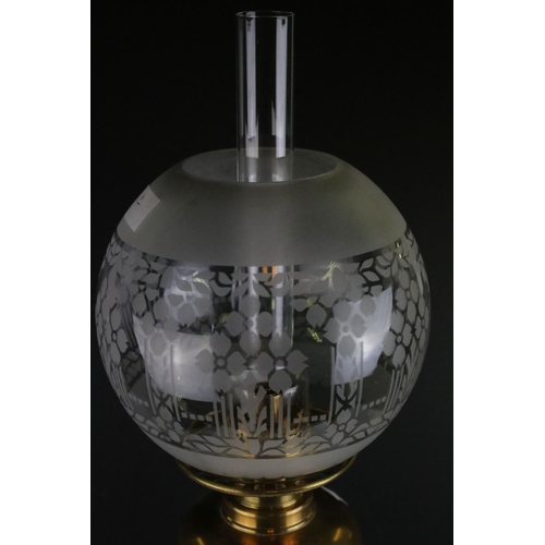 164 - Victorian Oil Lamp with Etched Globe Glass Shade, Brass Font and Brass Base with a Horse Chestnut de... 