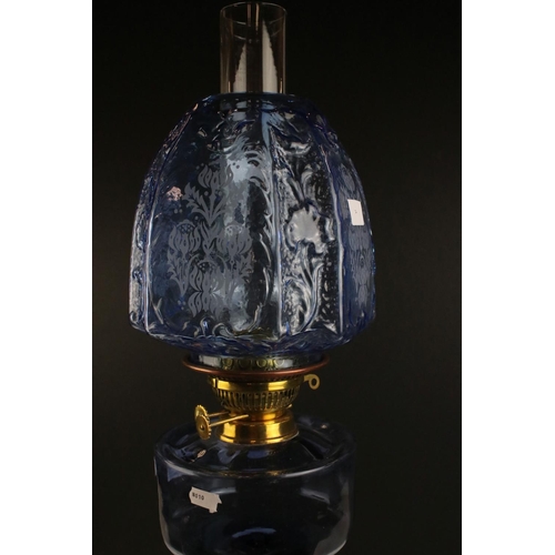 166 - Victorian Oil Lamp with Blue Beehive Etched and Embossed Shade, Blue Glass Font and Embossed Metal B... 