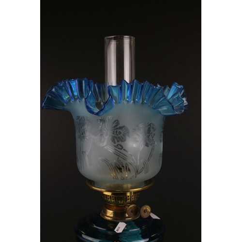 167 - Victorian Oil Lamp with Blue Turquoise Frilled Etched Glass Shade, Turquoise Glass Font and Brass Pa... 