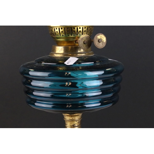 167 - Victorian Oil Lamp with Blue Turquoise Frilled Etched Glass Shade, Turquoise Glass Font and Brass Pa... 