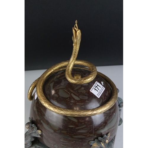 171 - Marble Spherical Centrepiece surmounted by an ormolu entwining snake and mounted on a square metal b... 