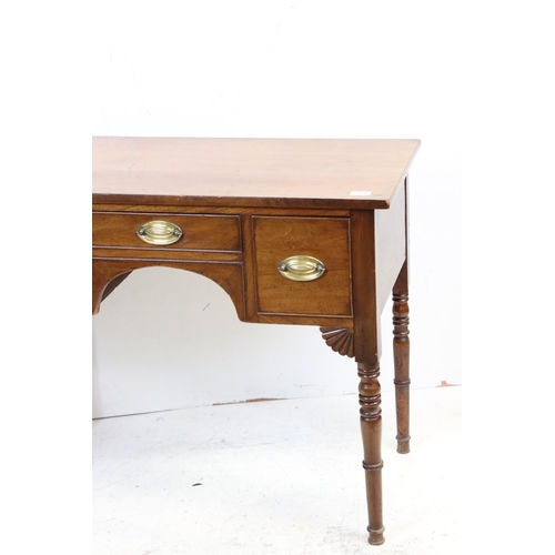 716 - Early 19th century Mahogany Side Table with three drawers and raised on turned legs, 91cms wide x 75... 