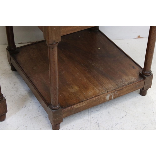 731 - Two similar Mahogany Square Lamp Tables with turned supports and undershelves, each 46cms wide x 51c... 