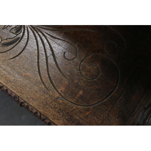 732 - 19th century Oak Hall Bench / Settle in the 17th century manner, heavily carved throughout with tave... 