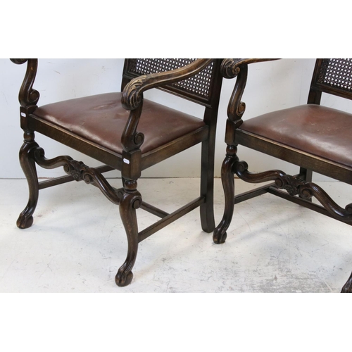 740 - Pair of Late 19th / Early 20th century Oak Open Armchairs in the 17th century manner with cane backs... 