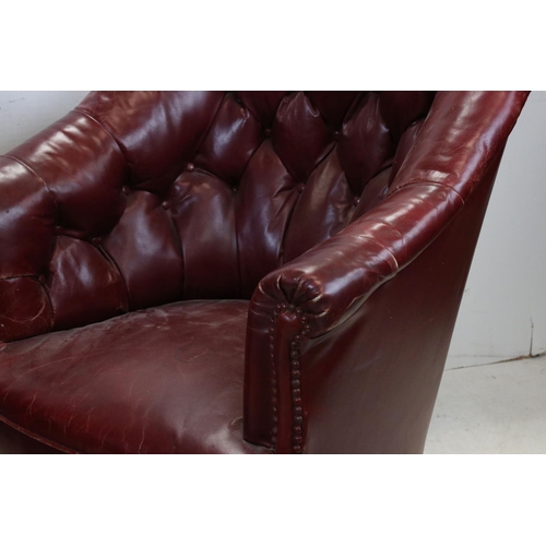 760 - Pair of 19th century Gentleman's Red Button Back Leather Tub Armchairs , raised on turned front legs... 