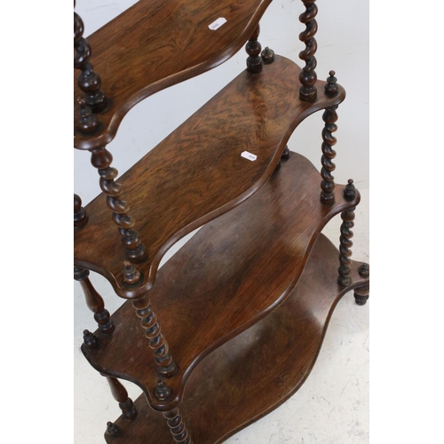 785 - Victorian Rosewood Graduating What Not with barley-twist supports, 69cms wide x 122cms high