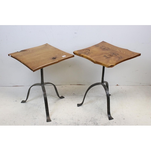 793 - Two Side Tables with shaped wooden tops and raised on wrought iron bases, largest 48cms wide x 65cms... 