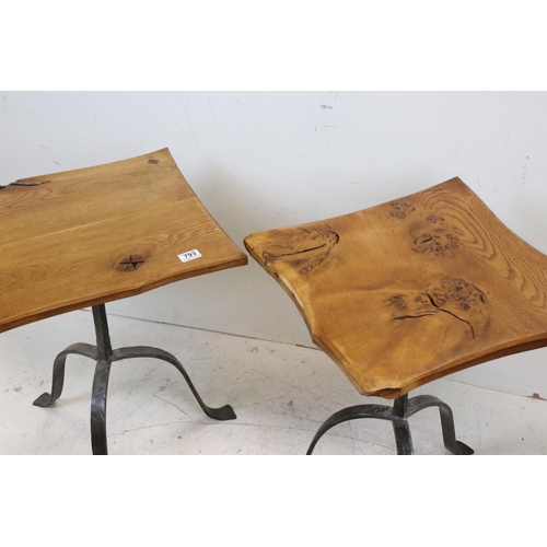 793 - Two Side Tables with shaped wooden tops and raised on wrought iron bases, largest 48cms wide x 65cms... 