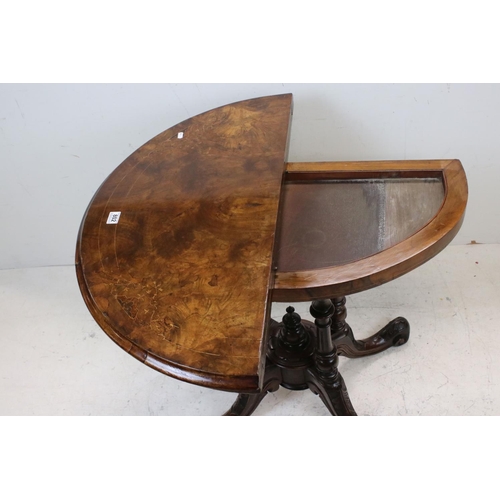 802 - Victorian Inlaid Walnut Demi-lune Fold over Card Table with green baise playing surface, raised on f... 