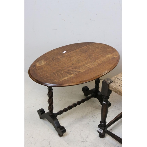 811 - Early 20th century Oval Oak Low Table with barley-twist supports, 41cms together with a String Top O... 