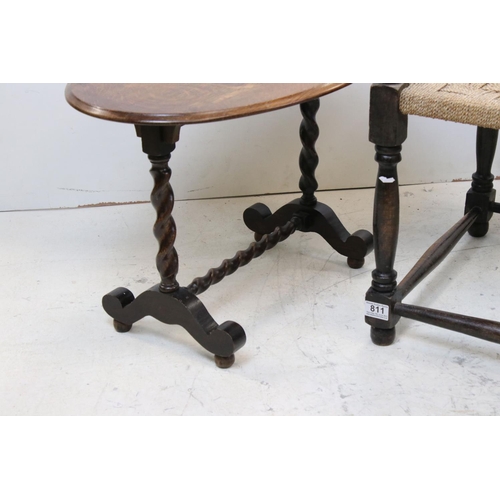 811 - Early 20th century Oval Oak Low Table with barley-twist supports, 41cms together with a String Top O... 