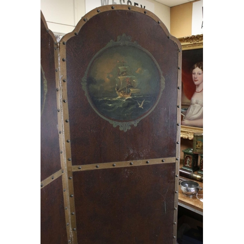 812 - Early 20th century Leatherette Four Fold Screen decorated with Galleons, each section 41cms wide x 1... 