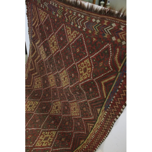 830 - Eastern Red Ground Wool Rug with Geometric Diamond Pattern, approx. 156cms x 330cms