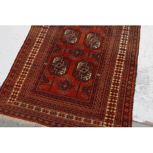 836 - Eastern Red Ground Wool Runner Rug with Geometric Pattern, 242cms x 90cms